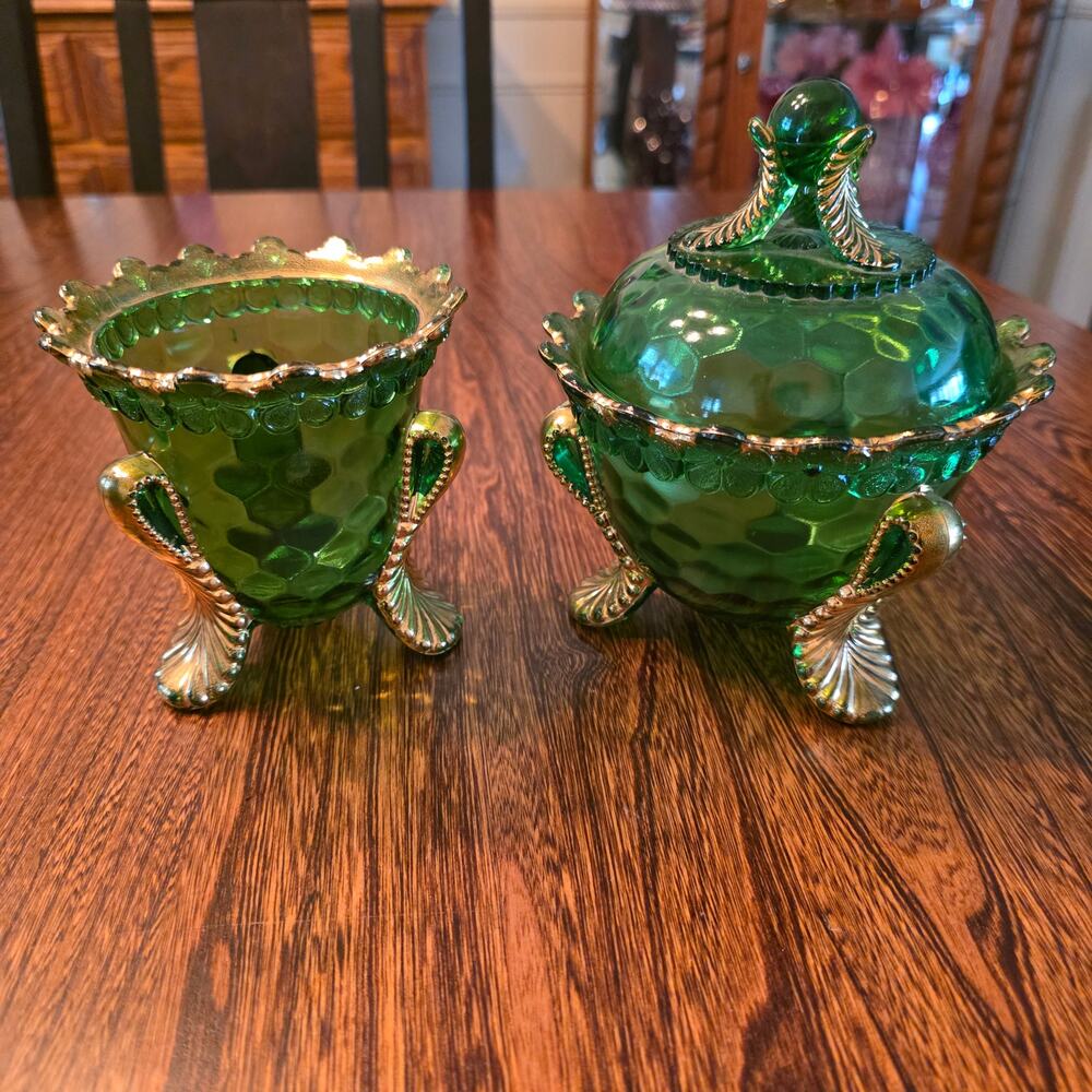 Vintage EAPG Vermont Lidded Candy Dish & Bowl Emerald Green Gold c.1899 US Glass